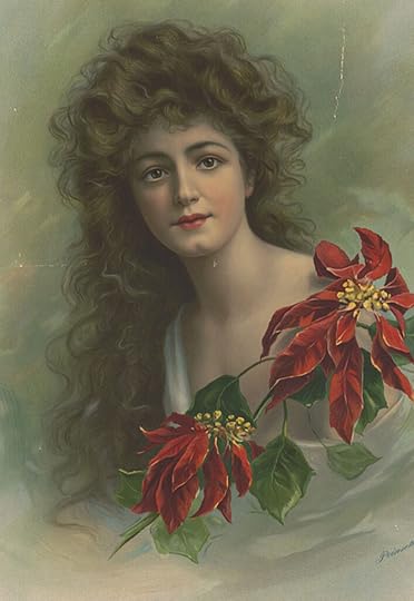 Romantic, sof-focus, head-and-shoulders illustration of a young woman with thick brown hair falling over her shoulders, with a bright red poinsettia flower in front of her