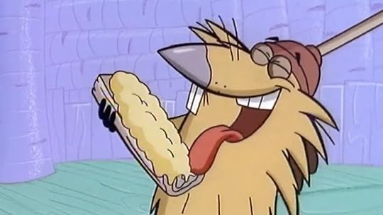 An animated beaver about to lick goo from a split log on Angry Beavers