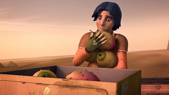 Ezra Bridger holding Meiloorun fruits from a crate on Star Wars Rebels