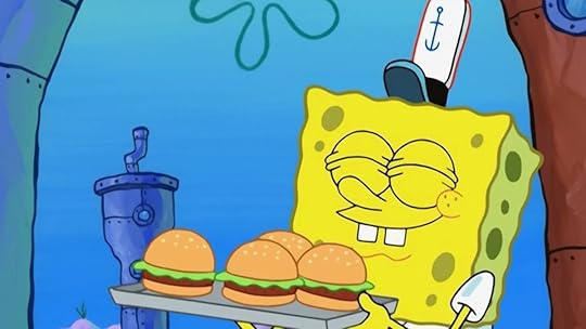 SpongeBob Squarepants smiling with his eyes closed while holding a tray of Krabby Patties