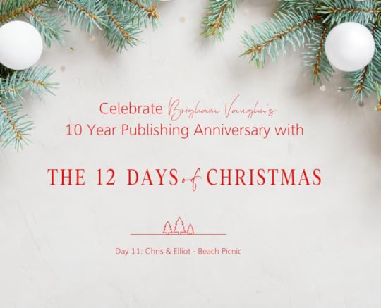 White background with evergreen branches and white ornaments. Red text saying