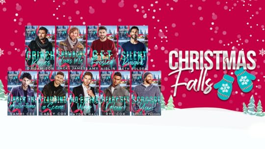 Pink Background with snow falling and snowy trees. Christmas Falls Logo and book cover images for all 9 titles in the series