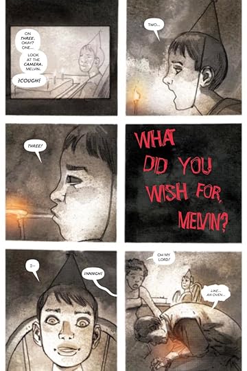 6 panels of the comic in a gritty style showing a sequence with a boy blowing out birthday candles and his father falling ill.