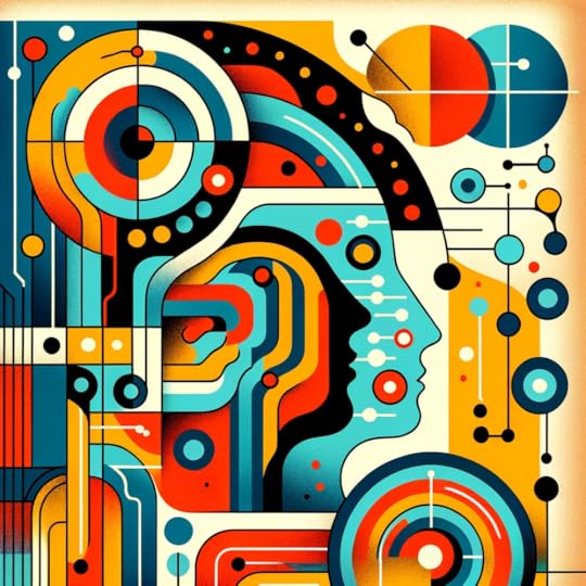 An abstract, mid-century modern style image blending vibrant colors and geometric shapes. It symbolizes the fusion of artificial intelligence and human curiosity. Digital motifs and circuit patterns intertwine with abstract representations of human figures and thought bubbles, conveying a futuristic yet retro ambiance. The artwork radiates optimism and forward-thinking about AI's role in enhancing workplace innovation and curiosity in 2024.