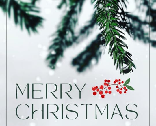 Snowy background with evergreen leaves and dark green text saying Merry Christmas. A thing green border runs along both sides of the image and there is a sprig of red berries