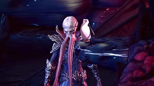 Madagascar's Penguins meet Baldur's Gate, penguin on monster shoulder