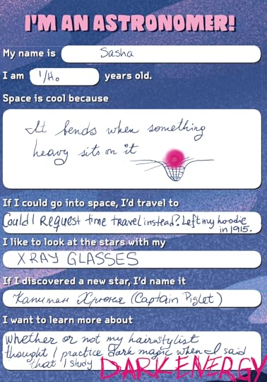 Questionnaire titled I’m An Astronomer and filled out by hand with jokes about general relativity