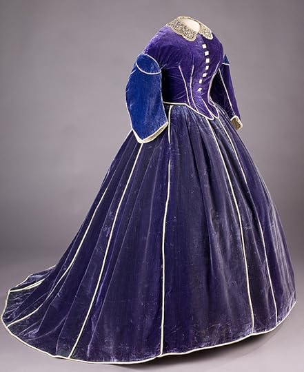 A purple velvet skirt and daytime bodice are belie American dressmaker Elizabeth Keckly. The first lady wore the gown during the Washington winter social season in 1861–62. Both pieces are piped with white satin, and the bodice is trimmed with mother-of pearl buttons