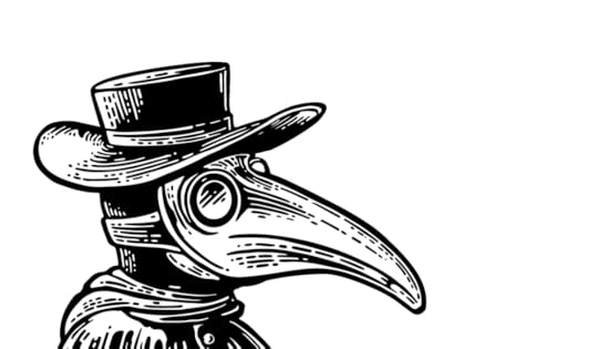 Pictured: Black and White woodcut of a middle ages style plague mask, from Vectorstock