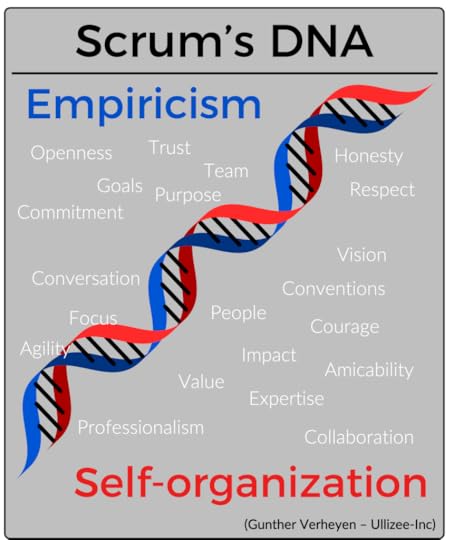 An infographic illustrating 'Scrum's DNA', featuring the concepts of Empiricism and Self-organization as a double helix, with related words and values like Openness, Trust, Team, and Respect.