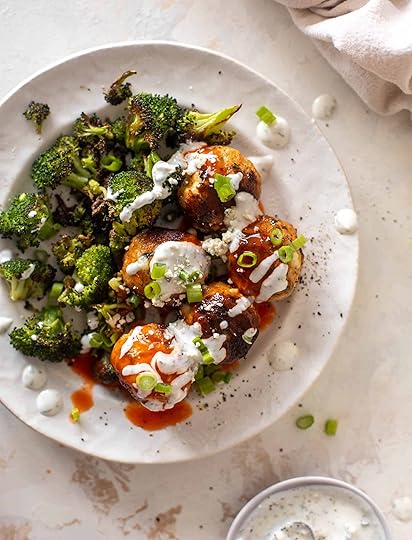 sheet pan buffalo chicken meatballs & broccoli