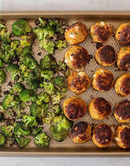 sheet pan buffalo chicken meatballs & broccoli