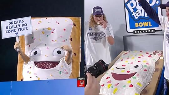 A Pop-Tart mascot holding a sign being lowered into a giant toaster split with two people ating the now cooked mascot from a large tray