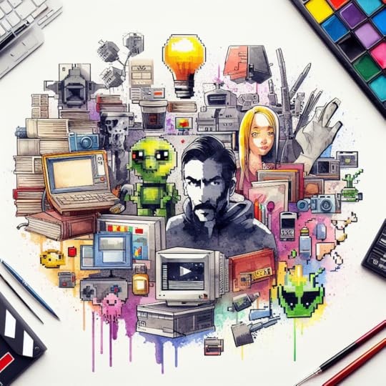 watercolor image with a pixelated video game character, books, computers, and pop culture references - Generated with AI