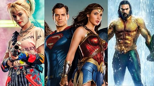L to R: Margot Robbie as Harley Quinn, Henry Cavill as Superman, Gal Gadot as Wonder Woman, and Jason Momoa as Aquaman in the DCEU.