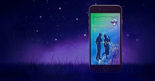 Shoemaker's Wife against a purple twilight sky with stars and silhouetted grass. The cover of Shoemaker's Wife has a man and woman in silhouette on a vibrant background of green shading through blue to purple. The woman is standing on one foot with one hand in the air, lifting the other and looking over her shoulder at the shoe while the man looks on. A purple 1920s shoe with a big blue ribbon bow is inset in the top right corner.