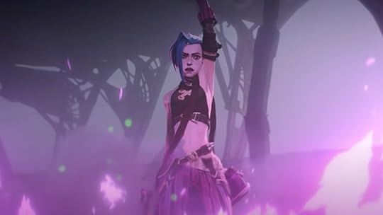 A female character from Arcane holds a gun up while standing in a haze of purple
