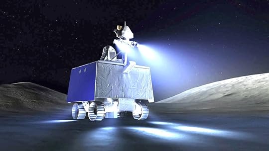 An artist rendering of a NAS rover with a headlight on the Moon