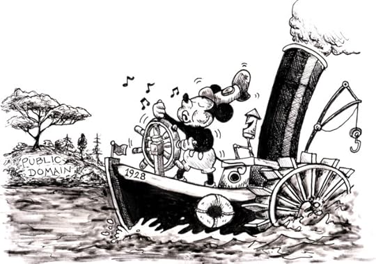 An ink drawing of Mickey Mouse as Steamboat Willie, piloting his steamship toward a distant land labeled 'PUBLIC DOMAIN.' The name of the boat is '1928.' Image: Doo Lee (modified) https://web.law.duke.edu/sites/default/files/images/centers/cspd/pdd2024/mickey/Steamboat-WIllie-Enters-Public-Domain.jpeg CC BY 4.0 https://creativecommons.org/licenses/by/4.0/deed.en 