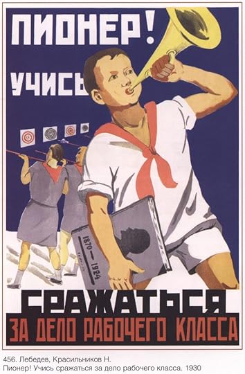 A 1930 Soviet poster showing a kid blowing a trumpet, surrounded by a message written in Russian, in a Constructivist font.