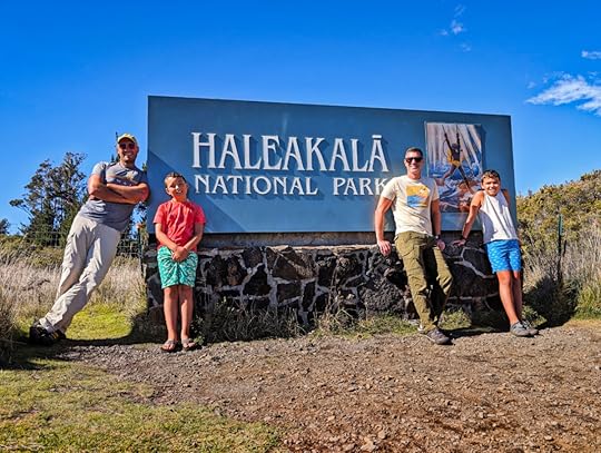 Full Taylor Family at Entrance Sign Summit District Haleakala National Park Maui Hawaii 1