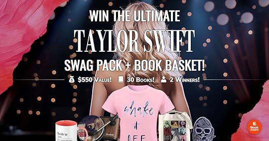 a photo of Taylor Swift's back with several swag items like a t-shirt, mug, and tote bag with information regarding the contest