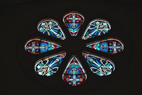 red-and-teal floral stained glass decor