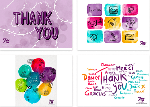 This image depicts four example thank-you eCards that nonprofits can send as part of their systems for expressing gratitude.