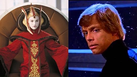 Natalie Portman as Queen Padme Amidala in The Phantom Menace, and Mark Hamill as Luke Skywalker in Return of the Jedi.