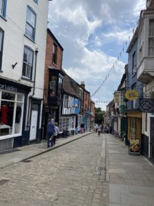 Image shows a cobbled street with shops on either side.