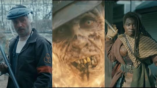 Split image of Rick grimes wearing face shield and CRM jacket, fiery walker, and Michonne wielding katana in the ones who live trailer