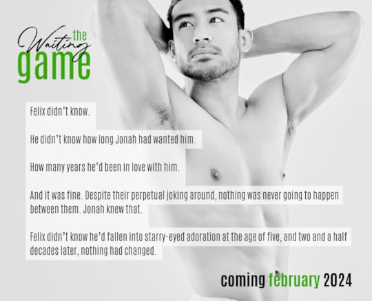Black and white background with handsome shirtless Korean man. Graphic with Book Title The Waiting Game and coming February 2024 Text quote from book
