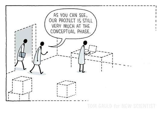 Two lab-coated figures walk through a doorway. One says “as you can see, our project is still very much at the conceptual stage.” Everything in the room is represented with dotted lines on a white background.