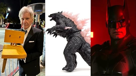 Harrison Ford with Suzume Chair, Godzilla image, Batman from Sucide Squad Kill Justice