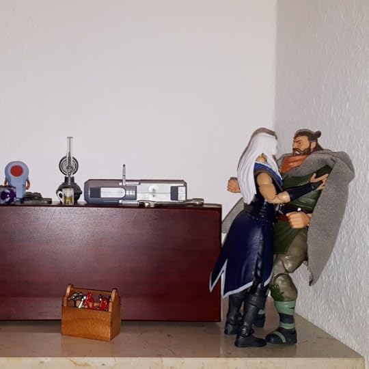 Lyn is pushing Duncan against the wall to kiss him.
