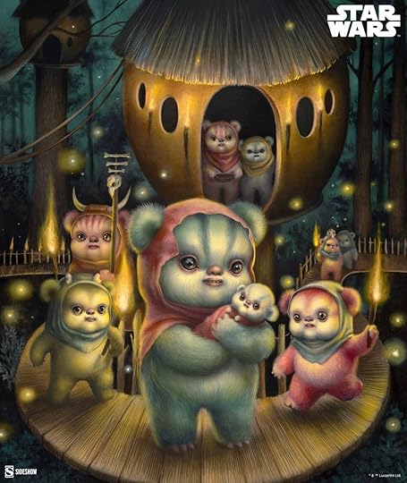Illustrations of many Ewoks in a treehouse in Endor