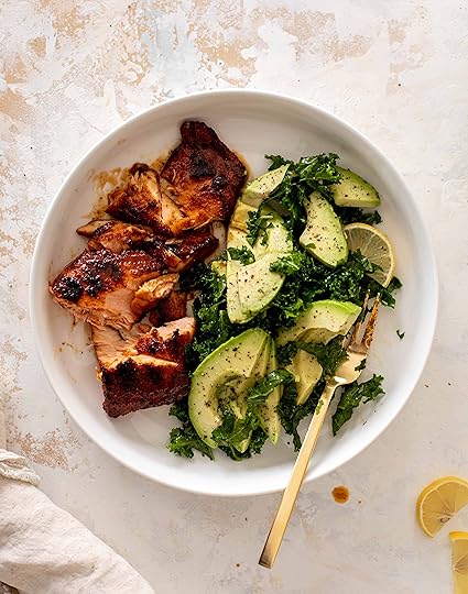 sticky salmon with avocado greens