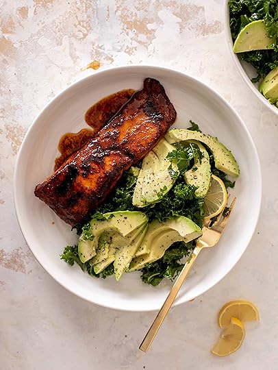 sticky salmon with avocado greens