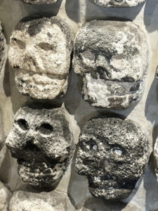 Four carved stone skulls as shown in a skull rack at Mexico City
