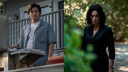 Charles Melton on a deck near a grill in May December in Penelope Crúz in a black dress with black hair near a bush in Ferrari