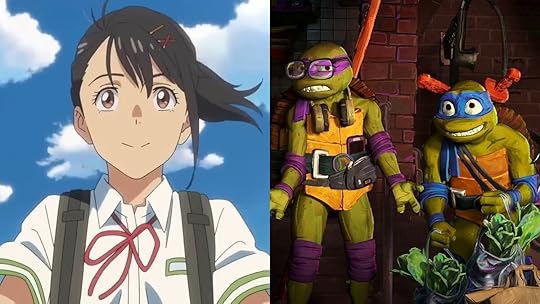 A young girl white black hair and a white shirt in Suzume split with Donatello and Leonardo in Teenage Mutant Ninja Turtles: Mutant Mayhem