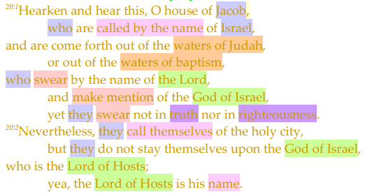Hearken and hear this, O house of Jacob,who are called by the name of Israel,and are come forth out of the waters of Judah,or out of the waters of baptism,who swear by the name of the Lord,and make mention of the God of Israel,yet they swear not in truth nor in righteousness.20:2Nevertheless, they call themselves of the holy city,but they do not stay themselves upon the God of Israel,who is the Lord of Hosts;yea, the Lord of Hosts is his name