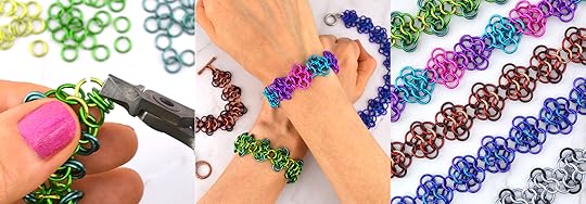 collage of 3 photos showing chainmaille. First image is a closeup showing someone weaving chainmaille with green links. Second image depicts two crossed wrists each with a chainmaille bracelet. The final image shows 5 similar colorful mesh chainmaille swatches on an angle.