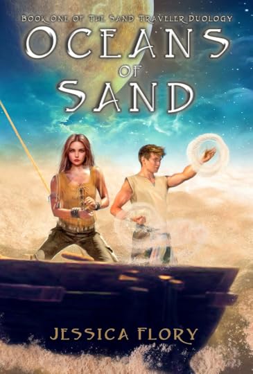 Book cover Oceans of Sand - a boy and girl in a boat floating in an ocean of sand