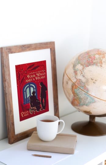 The cover of Four Walls and a Heart has a bright red background with a blue door. Two men are silhouetted against the background, one of slighter build in a Victorian wheelchair, missing his lower left leg, the other standing and talking, one hand at his side. Both are wearing hats, and they are intently focused on each other. The cover is mounted in a frame, next to a globe and a cup of coffee.