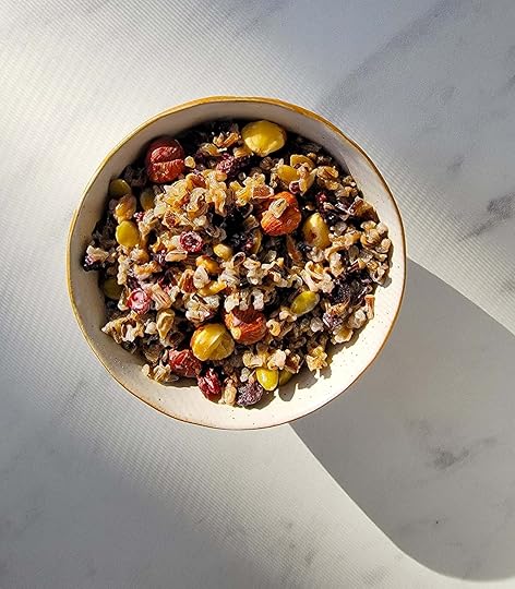 A bowl of wild rice porridge in the winter sunlight.