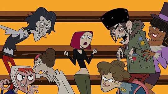 Joan of Arc surrounded by sinister looking clones in the bleachers from Clone High