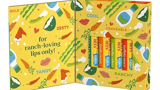 An open, colorful yellow box of Burt's Bees Hidden Valley Ranch 4 lip balm set