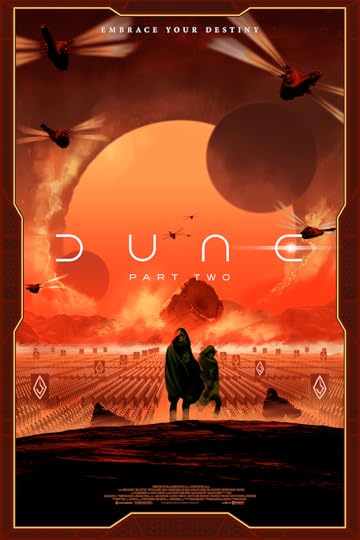 An orange Dune: Part Two print showing Paul and Chani center with an army, sand worm, and ornithopters behind them, from Bottleneck Gallery