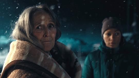 Fiona Shaw's Rose wrapped in a blanket int he dark snow near Navarro on True Detective: Night Country
